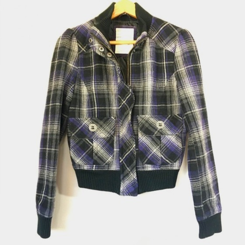 Aeropostale Plaid Wool‎ Blend Bomber Jacket Women's Size M Purple Black Gray